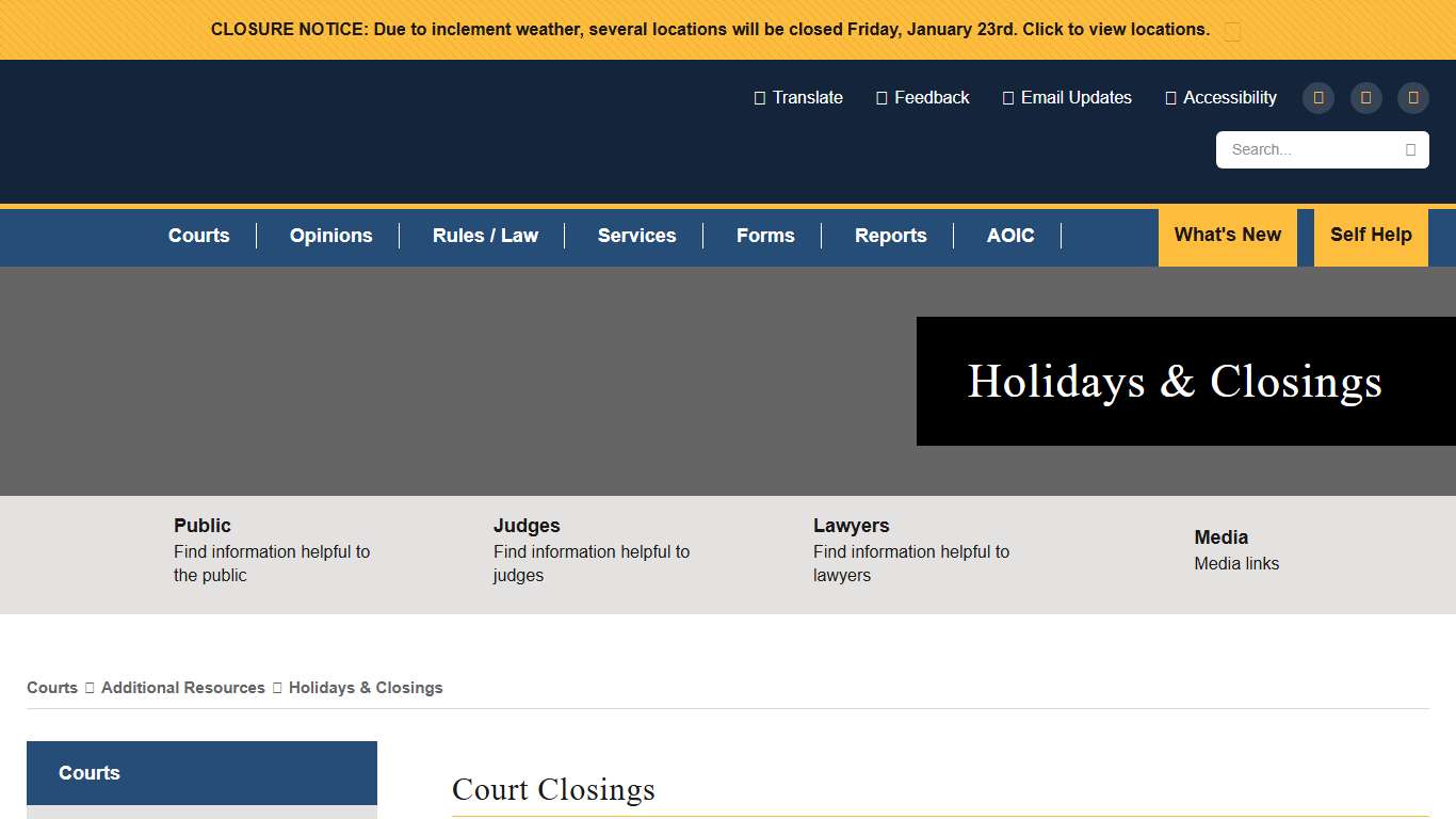 Court Holidays & Closings for Courts and Administration